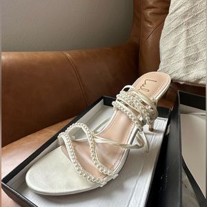 Lulus *LEAAH* White satin pearl, ribbon lace-up high heel, 8.5 women’s.